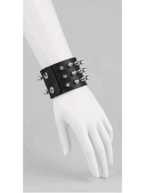 Gothic Punk Black Leather Wide Triple Row Spike Studded Bracelet Cuff Rock Jewel